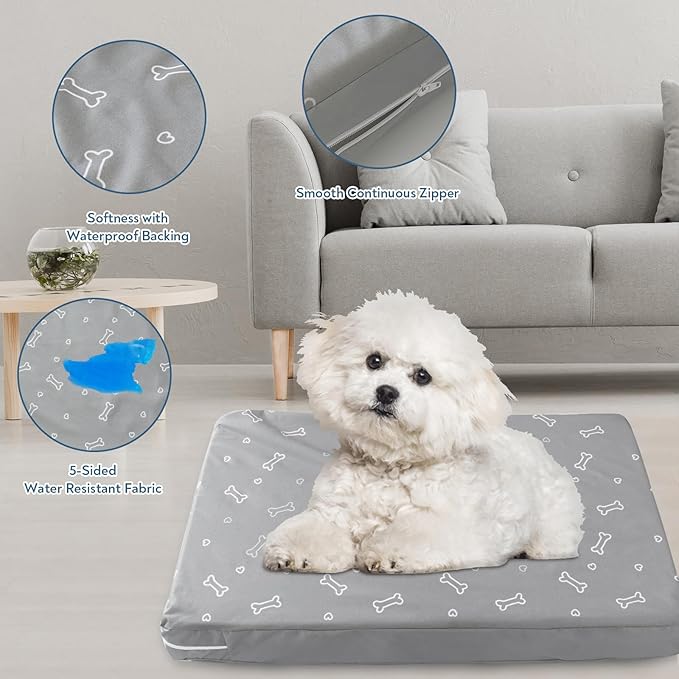 Waterproof Dog Bed Cover, Removable Dog Bed Covers Replacement Washable with Smooth Zipper, Indoor/Outdoor, Bone Print 20 x 30 x 3 Inch for Dog/Cat, Cover Only