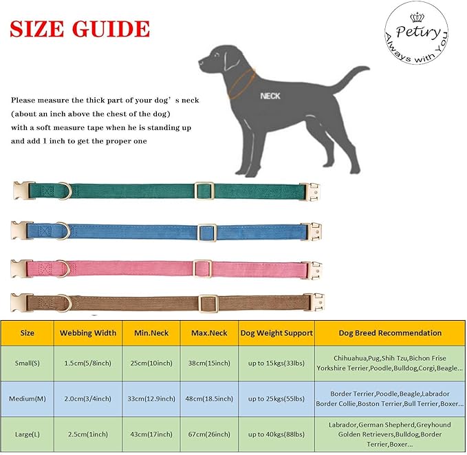Soft Corduroy Fibric Dog Collar, Quick Side Release Buckle, for Large Dogs.(Black,Large:17-26")