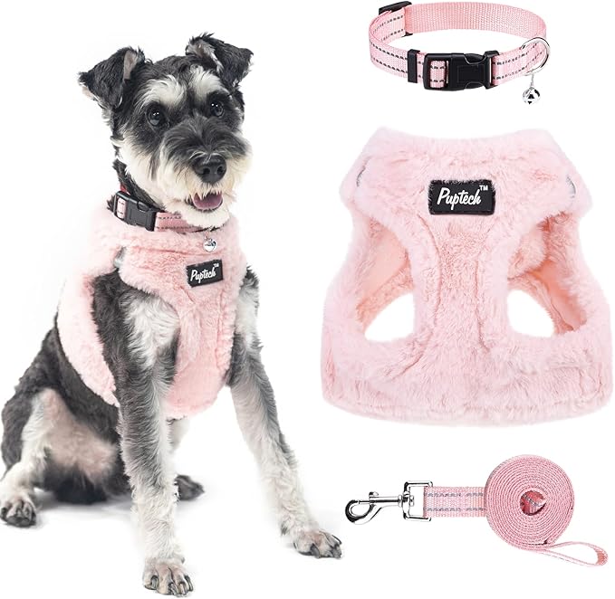 PUPTECK Adjustable Dog Harness Collar and Leash Set Step in No Pull Pet Harness for Small Medium Dogs Puppy and Cats Outdoor Walking Running, Soft Mesh Padded Reflective Vest Harnesses, Plush Pink M