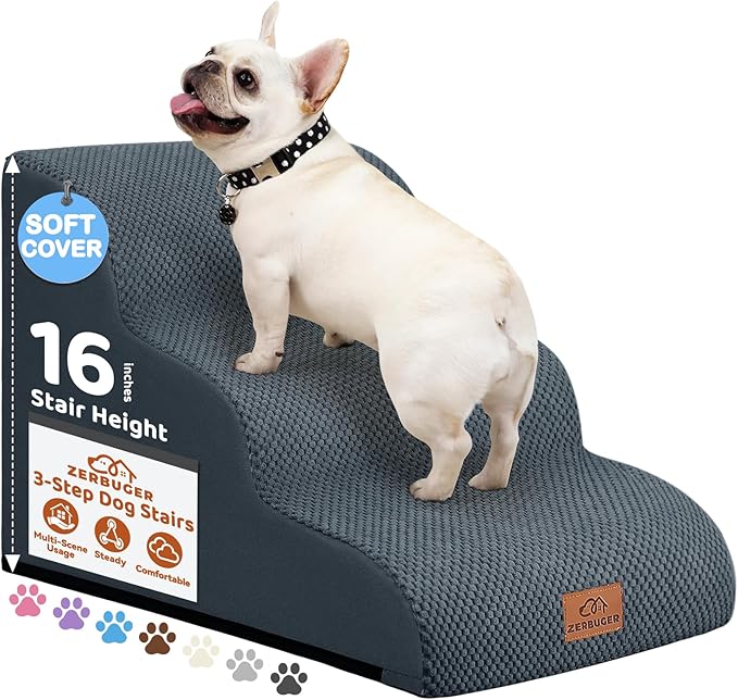 Dog Ramp and Stair for Bed 16" H-20 H,3-Step Cat Stair for Sofa and Chair,4-Step Dog Ramp for High Bed and Window,Durable Nonslip Fabric Cover for Indoor (Dark Grey-16 H, Pet Friendly, 3)