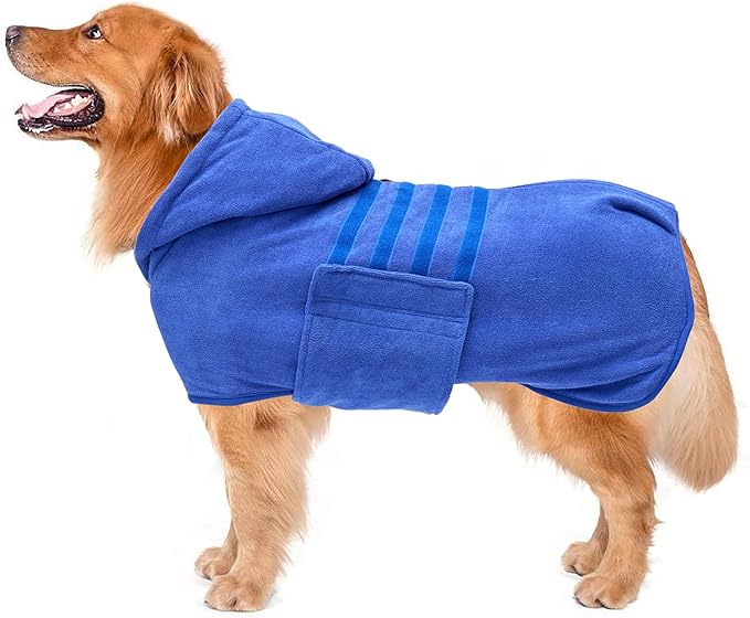 Geyecete Dog Drying Coat with Hood - Absorbent Robe Towel - Microfibre Fast Drying - Blue - XL