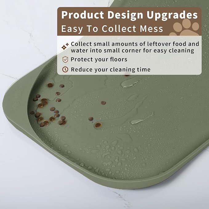 Silicone Pet Food Mat with Raised Edge for Food and Water Bowl, Dog Feeding Mats, Cat Food Trays for Floor Waterproof, Rubber Tray for Dogs and Cats, 17 x 12 x 0.7 Light Olive Green