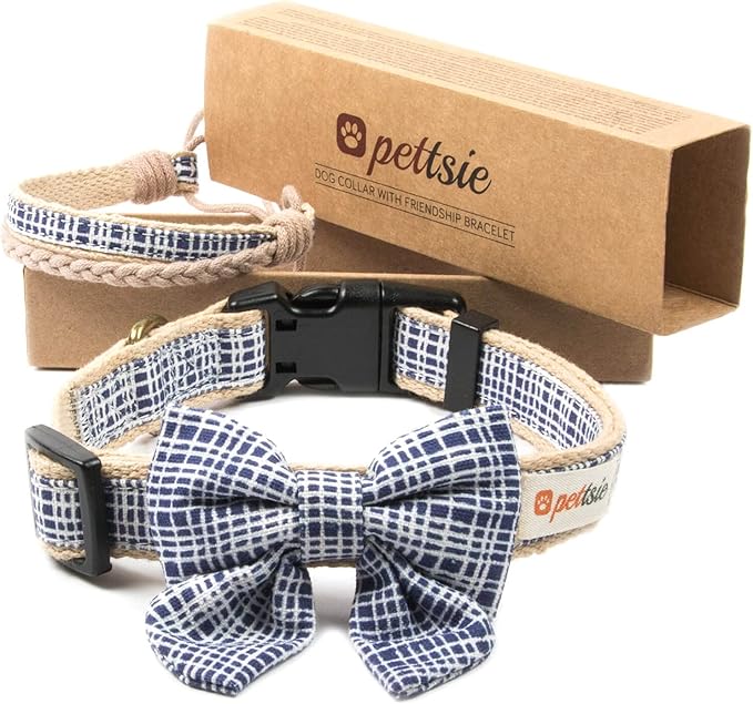 Pettsie Dog Bow Tie Collar with Matching Friendship Bracelet – Adjustable, Durable Hemp & Soft Cotton, Stylish & Comfortable for Sensitive Skin, Elegant Gift Box, Medium, Dark Blue