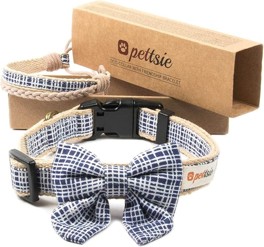 Pettsie Dog Bow Tie Collar with Matching Friendship Bracelet – Adjustable, Durable Hemp & Soft Cotton, Stylish & Comfortable for Sensitive Skin, Elegant Gift Box, Medium, Dark Blue