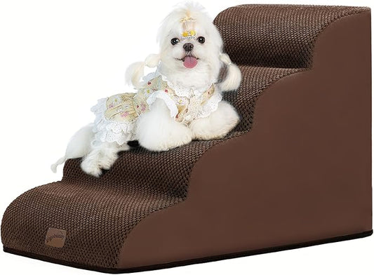 gogobunny Ramp Cat Dog Stairs for Beds, Cat Slope Stairs with Durable Waterproof Fabric Cover, Pet Steps for Old Large Dogs Climbing (Brown, 4-Step (28.3" D x 15.7" W x 19.7" H), 4)