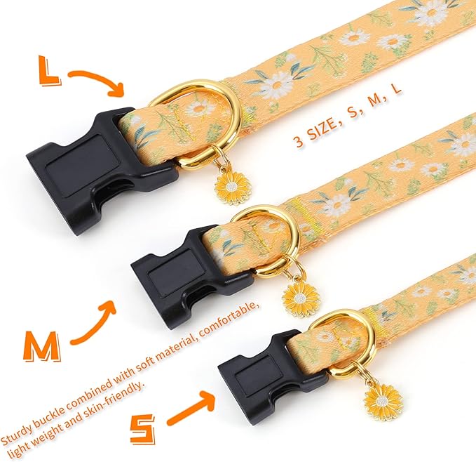 Cotton Handmade Dog Collar for Small Medium Large Dogs,Yellow Daisy with Pendant Cute Dog Collars (Large)
