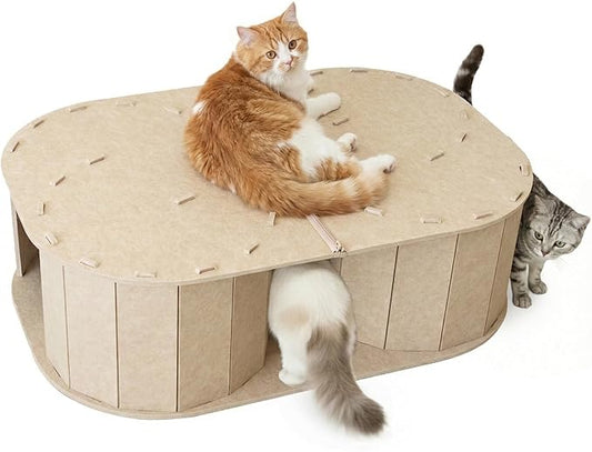 PETKARAY Large Felt Cat Tunnel, Double S-Shaped Hideaway for Indoor Cats, Interactive Cat Bed Cave and Hideout, 34x22.8x10.2 inches Beige