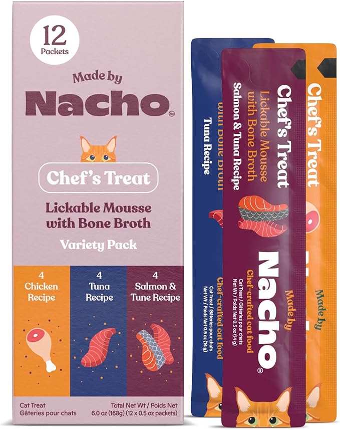 Made by Nacho Lickable Cat Treats Mousse Tubes 12 Count with Bone Broth Variety Pack (.5 oz) No Grains, Corn, Wheat or Soy