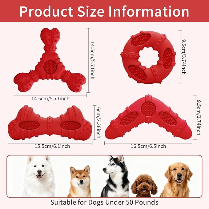 Dog Chew Toys 4 Pack, Dog Toys for Aggressive Chewers Small Medium Breed, Multifunctional Teeth Cleaning and Gum Massage, Natural Rubber Dog Toys for Puppy and Medium Dogs(Red)