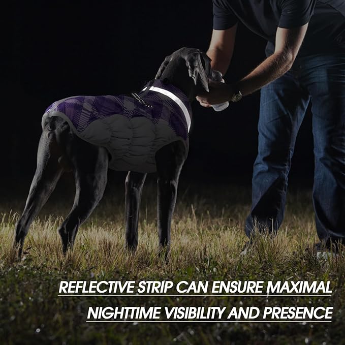 FUAMEY Dog Coat for Large Dogs,Waterproof Dog Winter Jacket with Harness Built in Puppy Cold Weather Coats Reflective Pet Vest with Zipper Warm Fleece Dogs Snowsuit Windproof Purple Plaid XL