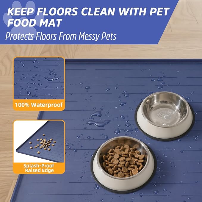 Large Dog Mats for Food and Water, 32"x24" Waterproof Pet Food Mats for Floor Nonslip Silicone Bowl Mats with Raised Edges