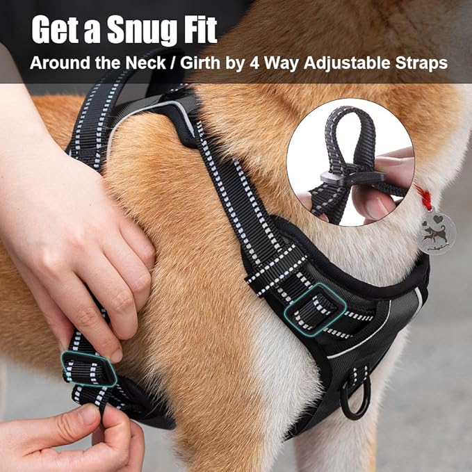 PoyPet No Pull Dog Harness, Reflective Comfortable Vest Harness with Front & Back 2 Leash Attachments and Easy Control Handle Adjustable Soft Padded Pet Vest for Small to Large Dogs (Black,XS)
