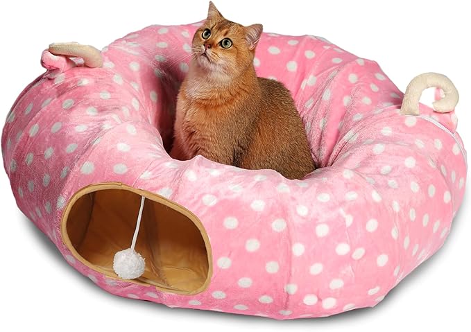 AUOON Cat Tunnel Bed for Indoor Cats - Large Cat Donut Tunnel with Hanging Ball Toy, Collapsible 2-in-1 Multifunctional Interactive Cat Toy for Kitten, Puppy, Rabbit, Ferret (Pink)