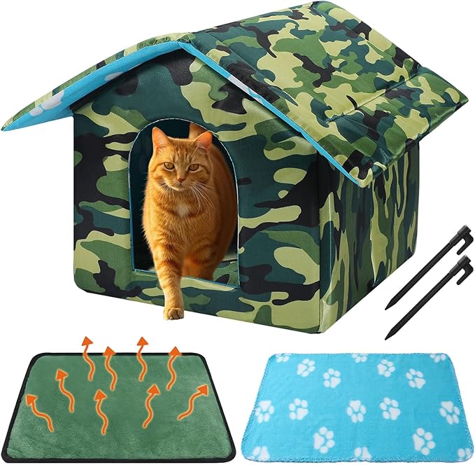 18" x 17" x 16" Outdoor Cat House for Winter Weatherproof Feral Pet Shelter for Cats Dog Collapsible Green Camouflage Pet House Outside with Self Warming Pad Blanket 3 Tent Stake(L Size)