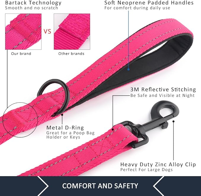Plutus Pet Double Handle Dog Leash 4ft, Heavy Duty, Reflective Dual Handle Dog Leash for Safety Training, for Medium Large Dogs,2 Handle Leads(Pink)