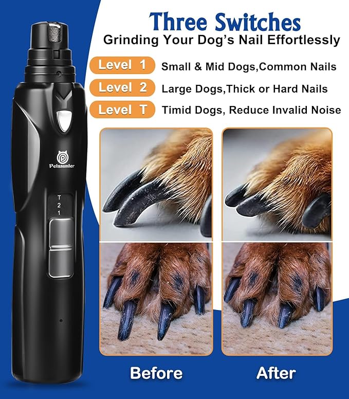 Dog Nail Grinder, 2-Speed and LED Light, Touch-Switch, TypeC, Quiet and Low-Vibration Dog Nail Trimmers, and 3 Ports for Large Dogs, Medium, Small Dogs Cats Pets with Hard or Thick Nail