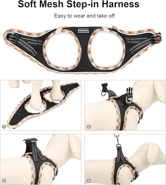 Mercano Soft Mesh Dog Harness and Leash Set, No-Chock Step-in Reflective Breathable Lightweight Easy Walk Vest Harnesses with Safety Buckle for Small Dogs, Cats (Black Yellow, L)