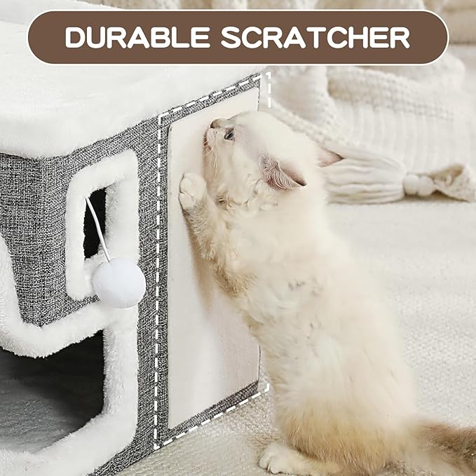 Cat Houses for Indoor Cats, Covered Cave Bed with Scratch Pad and Fluffy Ball, Foldable Cat Hideaway Condo for Large Cats, Modern Kitten Bed,16.5x16.5x13 inches (Grey, Large)