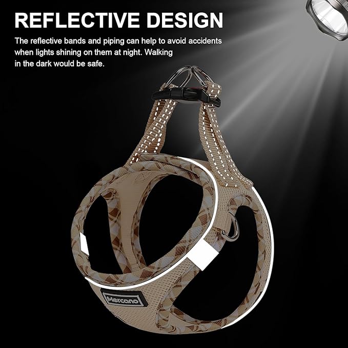 Mercano Soft Mesh Dog Harness and Leash Set, No-Chock Step-in Reflective Breathable Lightweight Easy Walk Vest Harnesses with Safety Buckle for Small Dogs, Cats (Beige, M)