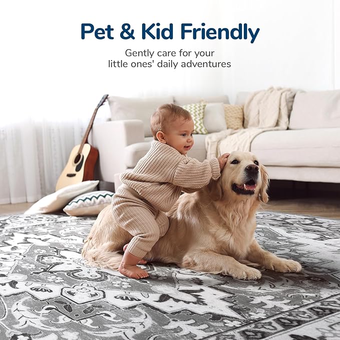 Lessymo 3 x 5 Area Rugs for Living Room- Machine Washable Area Rugs Boho Faux Wool Low Pile Area Rug for Bedroom Floral Medallion Vintage Rugs with Non-Slip Rubber, Kid & Pet Friendly,Grey Beige