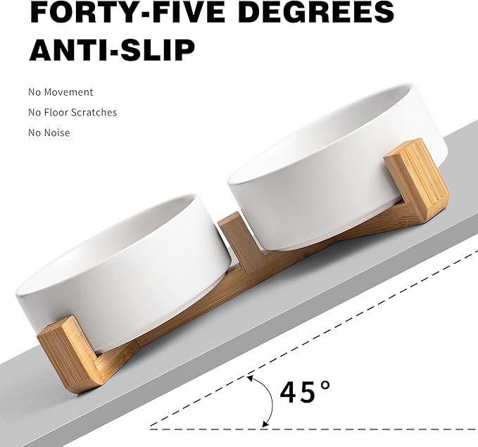 White Ceramic Dog & Cat Bowl Set – 13.5 OZ with Wooden Stand, Non-Slip, Elevated Design for Small Dogs & Cats – 2 Bowls (Food & Water, Ceramic Pet Bowls, Modern Dog Bowls)