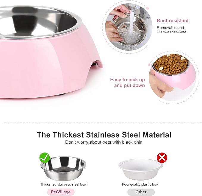 Stainless Steel Dog Bowls Set – Dual Non-Slip Pet Dishes with 2 Small (4oz*2) Bowls & Durable Resin Stand,Food & Water Feeder for Kittens– Pink