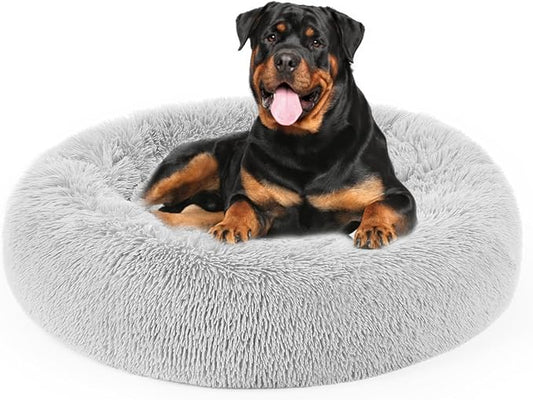 Dog Bed, Cat Calming Bed, Faux Fur Pillow Pet Donut Cuddler Round Plush Bed for Large Medium Small Dogs and Cats (Light Grey, 44.0" L x 44.0" W x 7.0" Th)