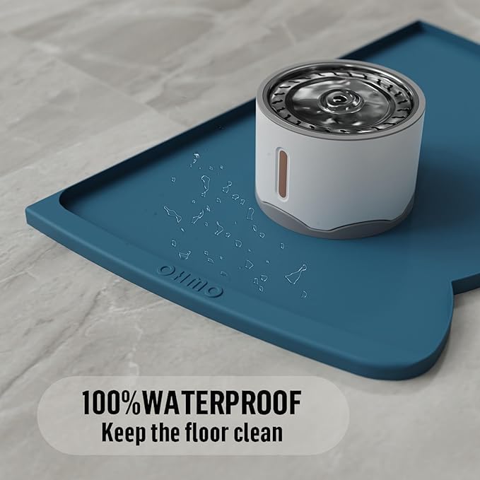 OHMO Dog Food Mat(Teal, 24 * 15'') w/Residue Collection Pocket Silicone Pet Feeding Mat for Floor High Edges Anti Spills Waterproof Cat Water Bowl Tray, Easy Clean Placemat