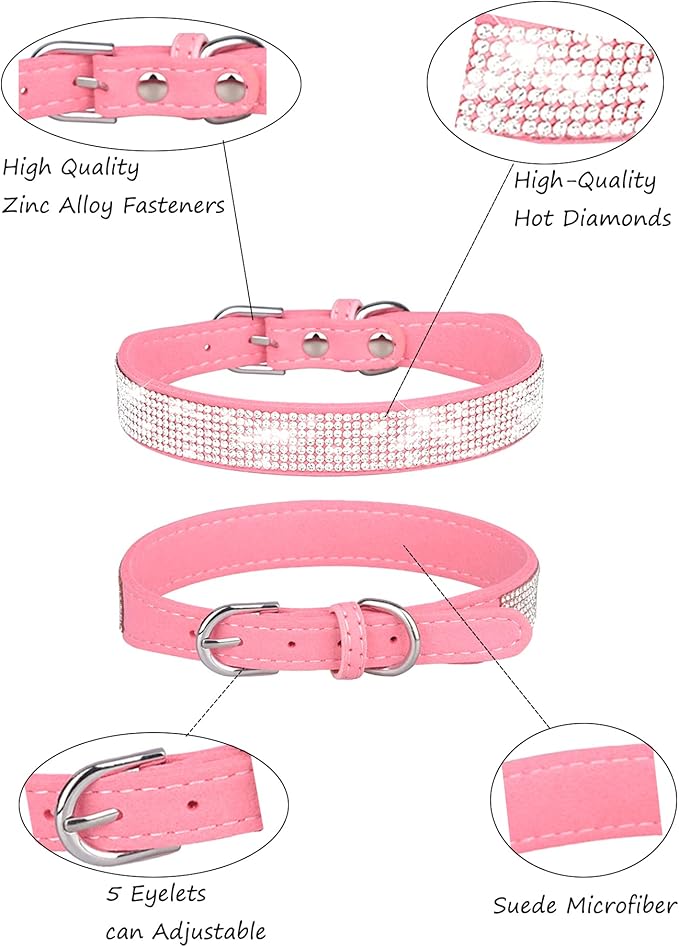 Dog Collar for Small Dogs, Adjustable Leather Suede Bling Dog Collars，Pink Dog Collar Cat Collar, Rhinestone Dog Collar