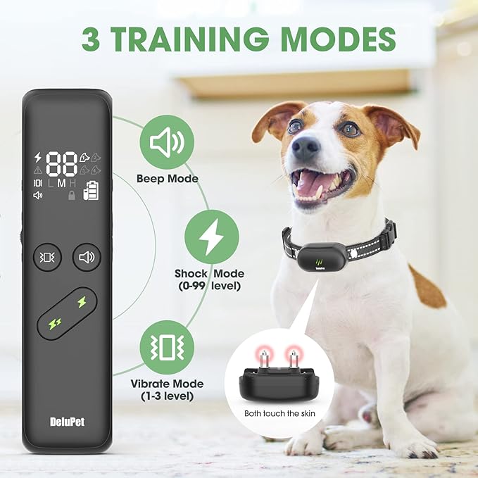 Delupet Dog Shock Collar - Electric Dog Training Collar with Remote 1600FT, Rechargeable E-Collar Waterproof Collars with 3 Training Modes, Security Lock for All Breeds, Sizes