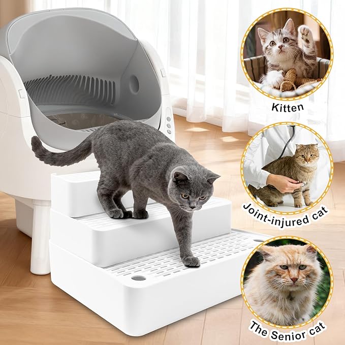 Adjustable 3 Steps Cat Litter Box Step, Litter Box Ramp with Filter Function, Non-Slip, Easy to Clean,Cat Litter Stair for Small & Elderly Cats (White)