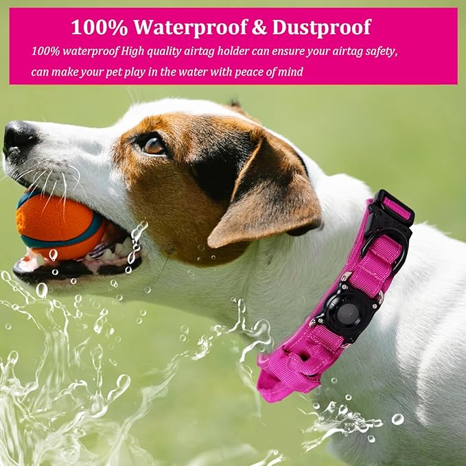 Xqpetlihai Upgraded AirTag Dog Collar Waterproof Tactical Dog Collar with AirTag Holder Heavy Duty Dog Collars for Large Dogs (Rose Red，XL