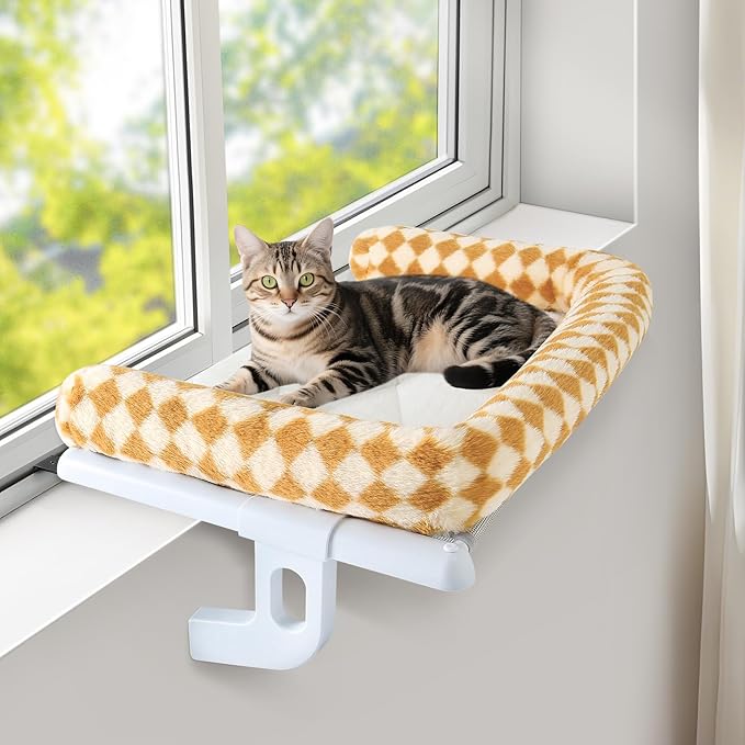 Sunhoo Cat Window Perch Hammock Sturdy Windowsill Bed Seat for Large Cats No Drilling No Suction Adjustable Kitty Shelf with Washable Cover Easy Assembly Holds up to 40 lbs 24.8 * 15 in (Brown, L)