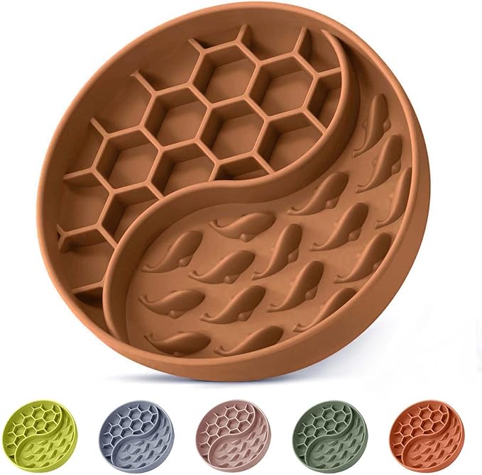 Slow Feeder Dog Bowls, Silicone Pet Food Bowls with Suction Cups, Non-Slip Dog Feeding Slow Down Pet Eating Speed for Fast Eaters, Anxiety Relief & Fun Added (Brown)