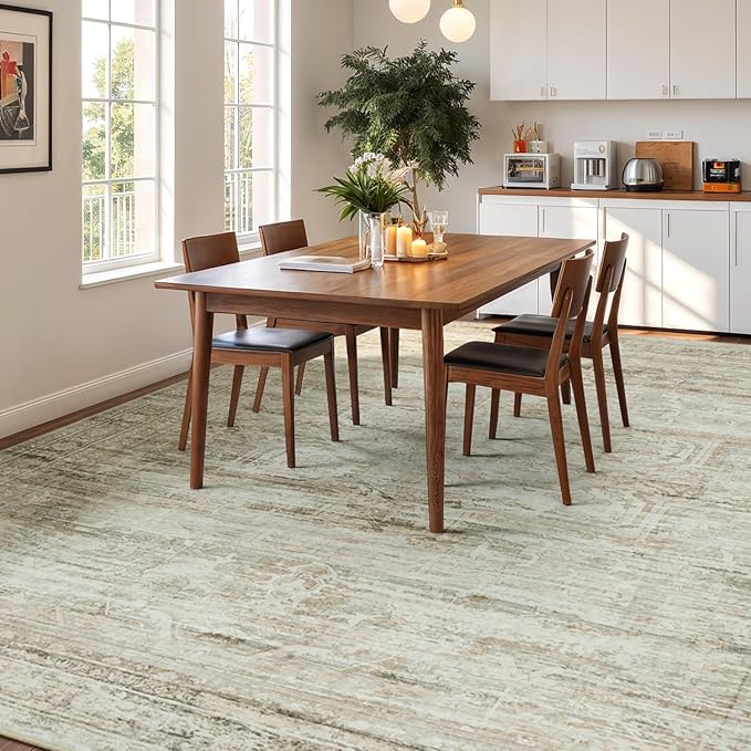Washable Large Area Rugs 8x10 for Living Room Bedroom Dining Room, Luxury Cozy Neutral Retro Distressed Stain Resistant Beige Rug, Soft Faux Wool Non Slip Indoor Foldable Carpets