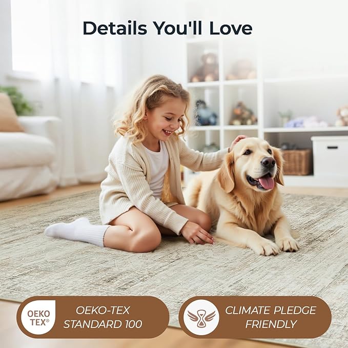 Large Area Rugs 9x12 Living Room, Washable Soft Faux Wool Carpet for Bedroom Dining Room, Neutral Vintage Distressed Non Slip Stain Resistant Beige Rug for Office Decor