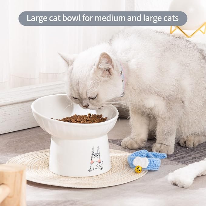 OMAYKEY 6.5 Inch Extra Wide Ceramic Raised Cat Bowls, Porcelain Tilted Elevated Cat Food Water Bowl Dish, Stress Free Pet Feeder Bowls Dishes for Elder Big Cats & Small Dogs, White - 2 Pack