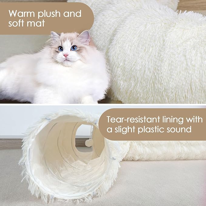 Cat Tunnel Bed for Indoor Cats, Peekaboo Cat Cave with Washable Soft Play Mat, Furry Cat Tube, for Kitten/Puppy/Rabbit, Beige