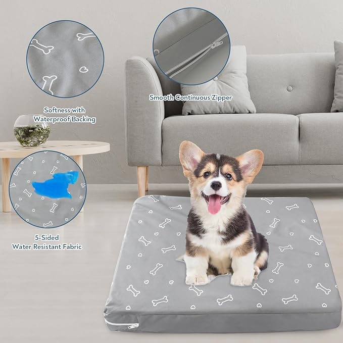 Waterproof Dog Bed Cover, Removable Dog Bed Covers Replacement Washable with Smooth Zipper, Indoor/Outdoor, Bone Print 15 x 20 x 3 Inch for Dog/Cat, Cover Only