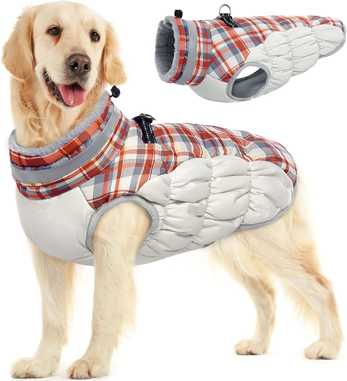 FUAMEY Dog Coat for Large Dogs,Waterproof Dog Winter Jacket with Harness Built in Puppy Cold Weather Coats Reflective Pet Vest with Zipper Warm Fleece Dogs Snowsuit Windproof Red Plaid L