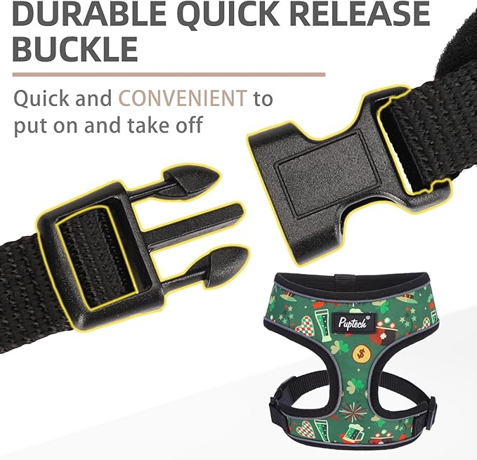 PUPTECK Soft Mesh Dog Harness and Leash Set Pet Puppy Cat Comfort Padded Vest No Pull Harnesses, St. Patrick's Deep Green, M