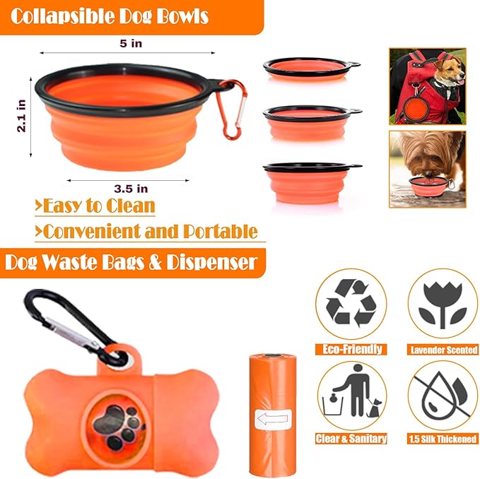 No Pull Dog Harness, Collar & Leash Set | Includes Dog Seat Belt, Collapsible Bowls & Poop Bag Dispenser. Ideal for Training, Walking, Hiking. Fits Small to Large Dogs(Orange-M)