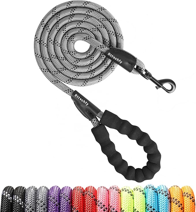 Rttochfy Rope Dog Leash 2/4/5/6/8/10 FT with Comfortable Padded Handle and Highly Reflective Threads for Small Medium and Large Dogs Heavy Duty (1/2"-10 FT, Grey)