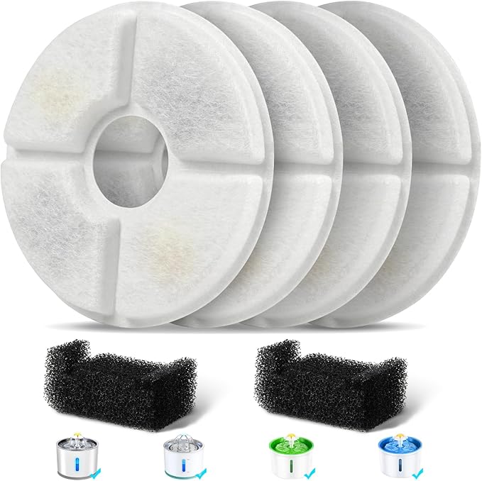 Filters Replacements for Flower Automatic Pet Fountains, Cat Water Fountain Replacement Parts and Dog Water Dispensers Filters for 81oz/2.4L Round Cat Water Fountains (4 Filters+2 Sponges)