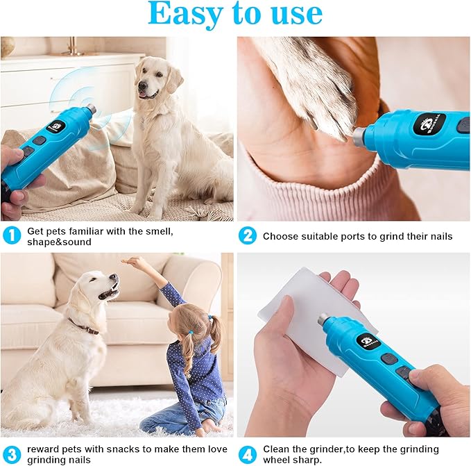 BOUSNIC Dog Nail Grinder with 2 LED Light - Super Quiet Pet Nail Grinder Powerful 2-Speed Electric Dog Nail Trimmer File Toenail Grinder for Puppy Small Medium Large Breed Dogs & Cats (Blue)