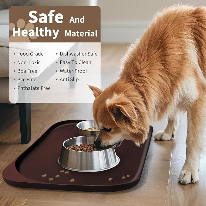 Silicone Pet Food Mat with Raised Edge for Food and Water Bowl, Dog Feeding Mats, Cat Food Trays for Floor Waterproof, Rubber Tray for Dogs and Cats, 22 x 14 x 0.8 Dark Brown