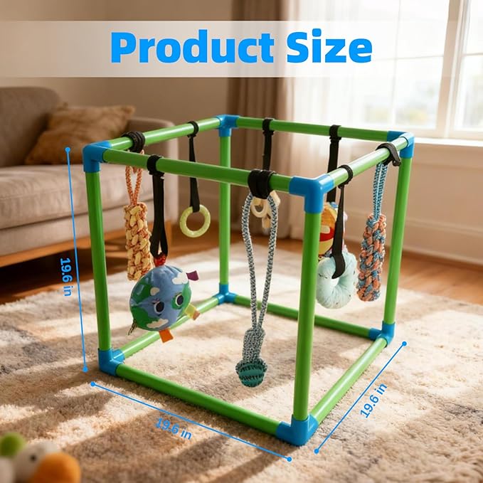 SpaceTime Puppy Play Gym with 8 Hanging Toys,Interactive Dog Toys to Keep Them Busy,Puppy Chew Rope/Rubber/Squeaky/Plush Toy for Indoor Small & Large Dogs,Durable Frame with Elastic Straps (Green)