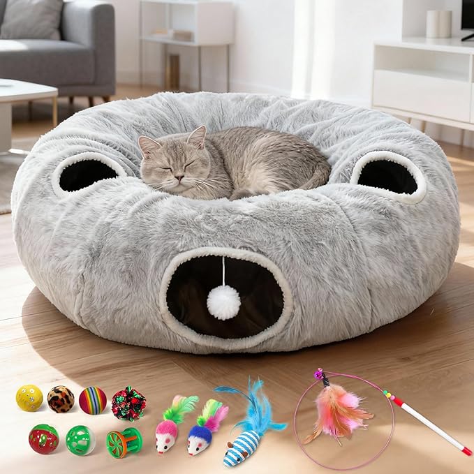 4-Holes Cat Tunnel Bed for Indoor Cats, Plush Donut Play Tunnel with Removable Cushion, Cats Hideout Play Bed with 11 Cat Toys, Cozy Round Cat Cave for Multiple Cats, Kitten/Puppy/Rabbit(Grey)