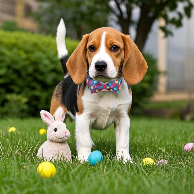 Maca Bates Easter Day Rabbit Dog Collar with Fancy Bow Tie for Extra Small Girl Boy Dogs, Blue Bunny Chick Pattern,Adjustable Durable Soft Breakaway Collars for Male Female Puppy