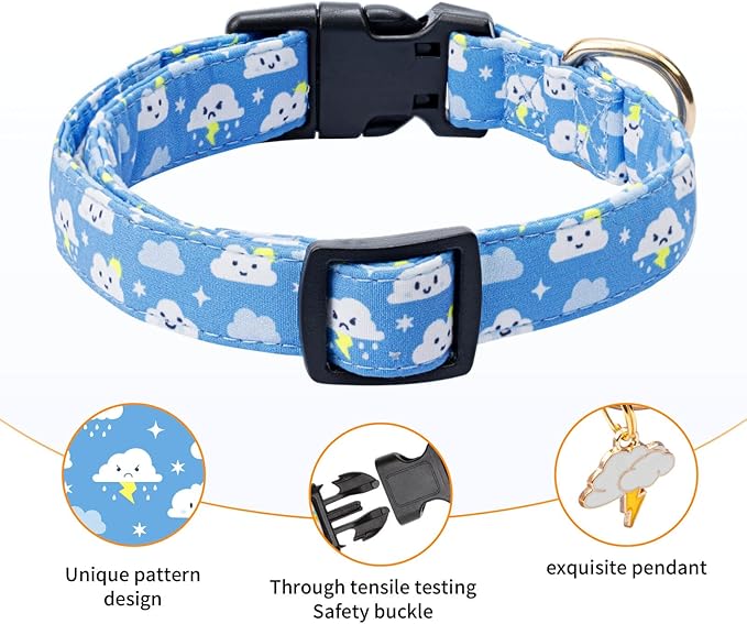 Cotton Dog Collar,Adjustable Cute Puppy Collar with Moon Patterned Design for Small Medium Large Dogs,Soft and Fancy Pet Collar with Safety Buckle for Girl Boy Dogs (Blue Cloud, S)